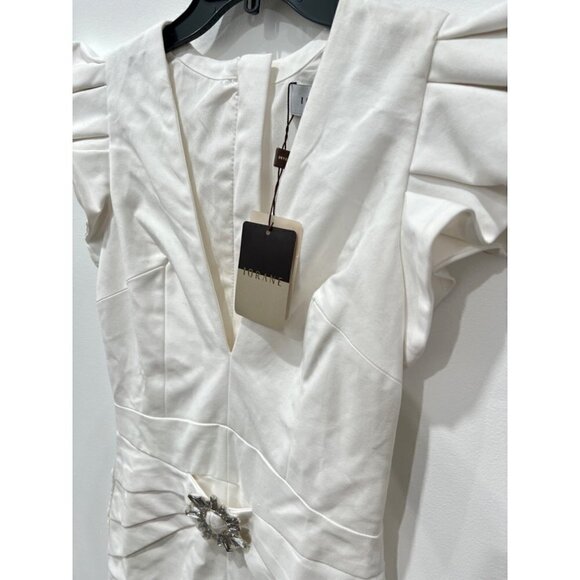 Iorane Supper Brooch Detail Ruffle Plunge Minidress, Size M NWT w/Defect - Picture 4 of 12